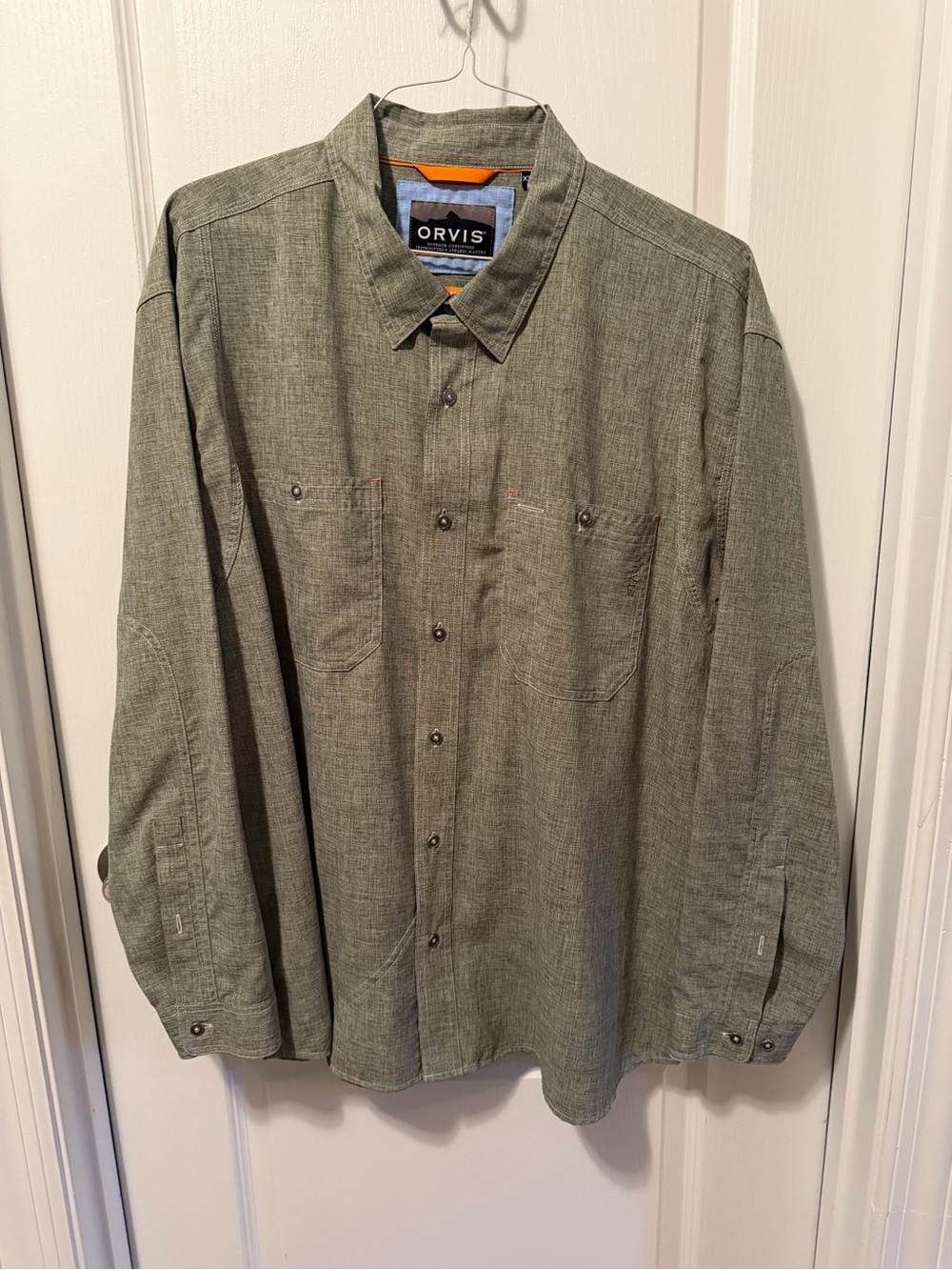 Orvis Men's Button-Up Shirt in Olive with Orange Trim